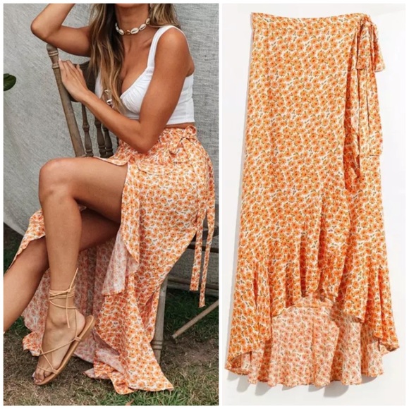 Dresses & Skirts - Orange Boho Floral Maxi Ruffle Wrap Skirt
